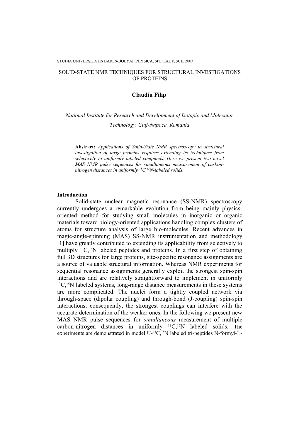 Solid-State NMR Techniques for Structural Investigation of Proteins