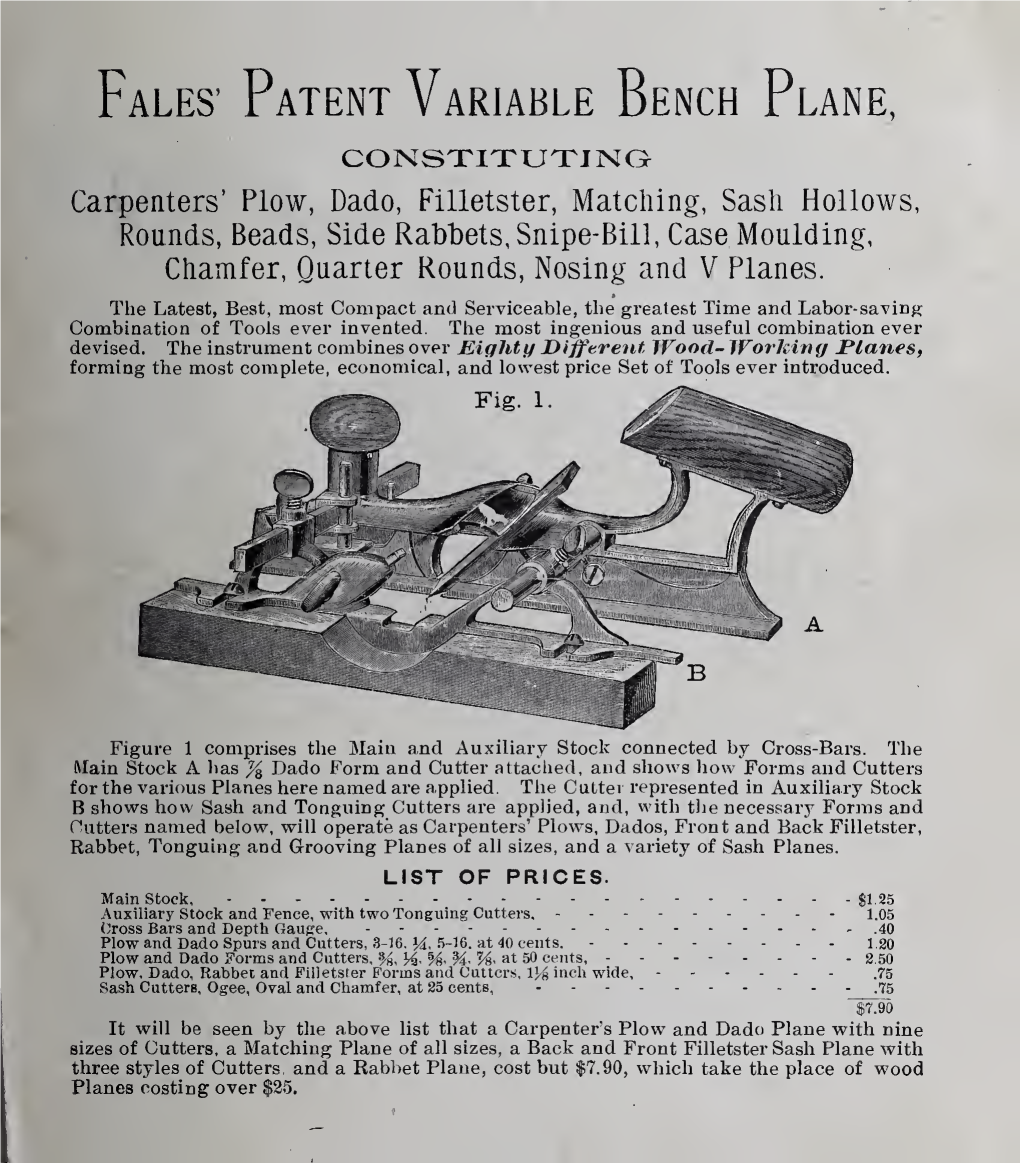 Fales' Patent Variable Bench Plane : Constituting Carpenters' Plow, Dado