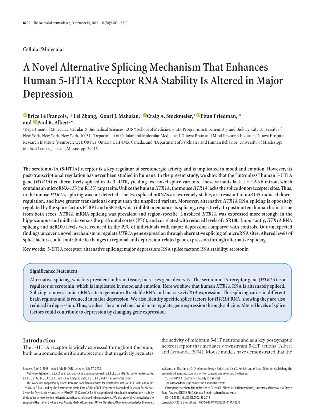 A Novel Alternative Splicing Mechanism That Enhances Human 5-HT1A Receptor RNA Stability Is Altered in Major Depression