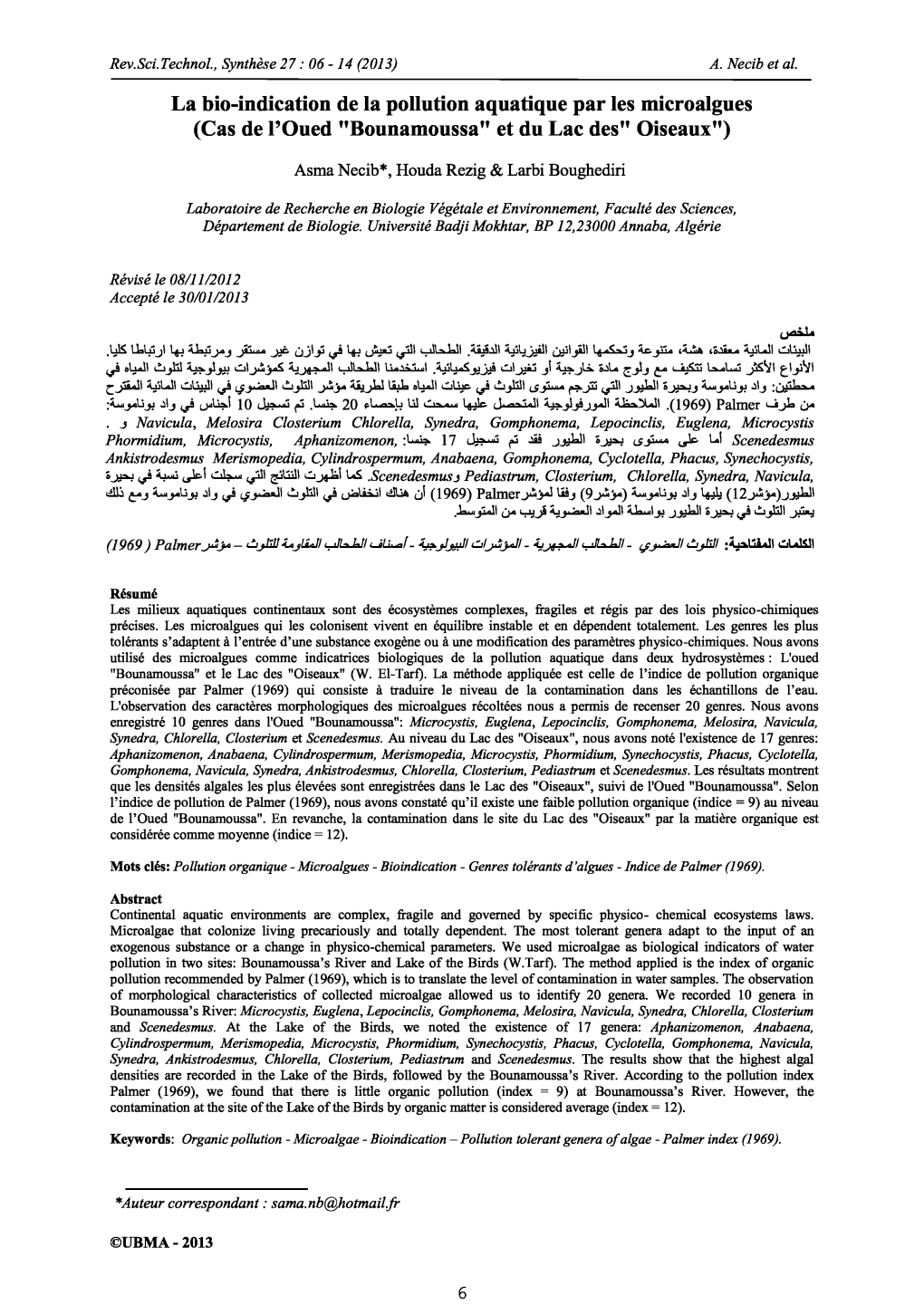 La Bio-Indication De La Pollution Aquatique Par Les Microalgues (Cas De L'oued "Bounamoussa" Et Du Lac Des" Oiseaux")