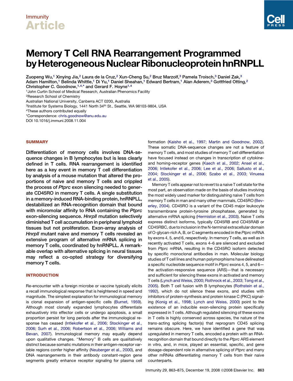 Memory T Cell RNA Rearrangement Programmed by Heterogeneous Nuclear Ribonucleoprotein Hnrnpll