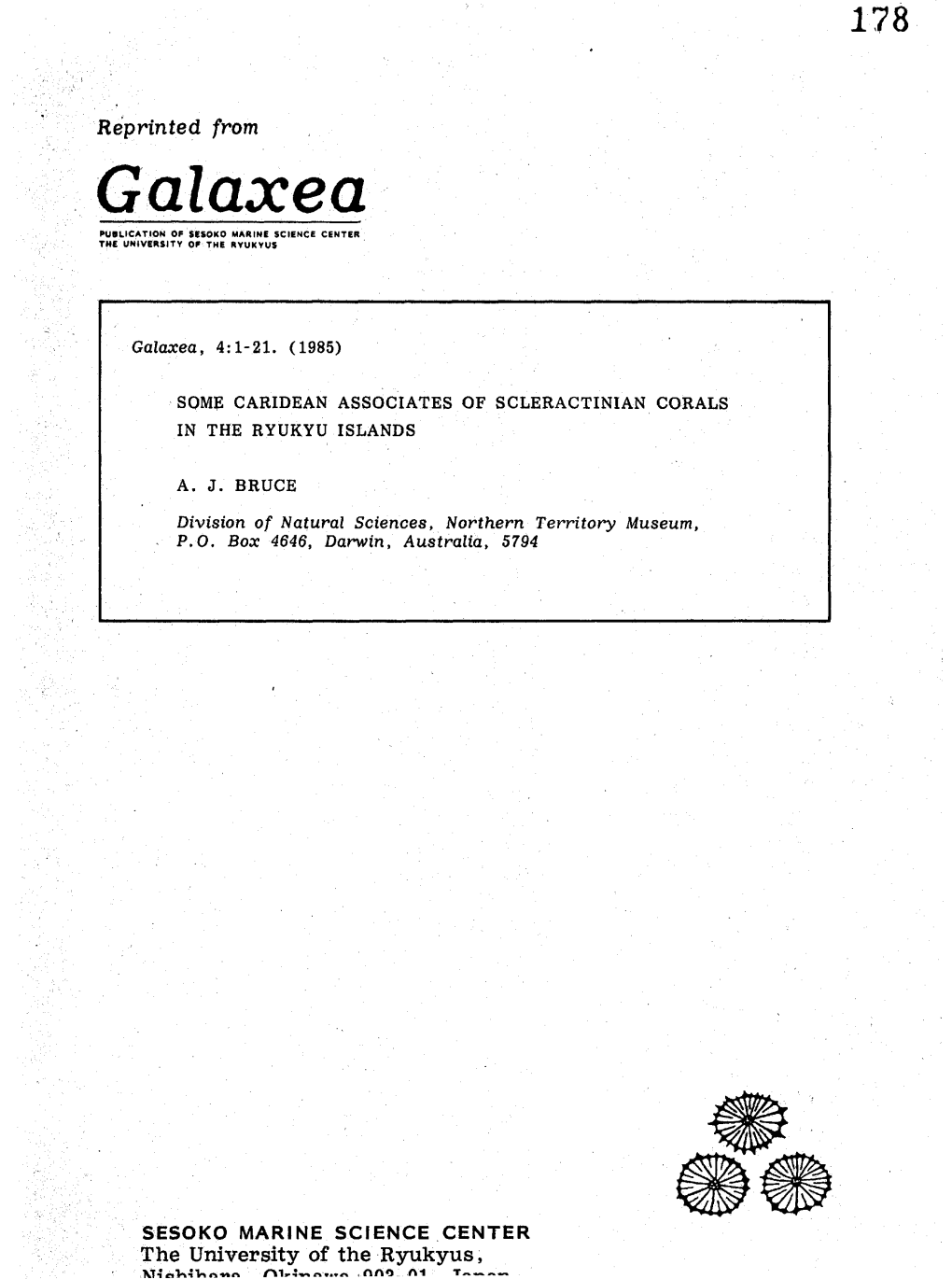 Galaxea PUBLICATION of SESOKO MARINE SCIENCE CENTER the UNIVERSITY of the RVUKVUS