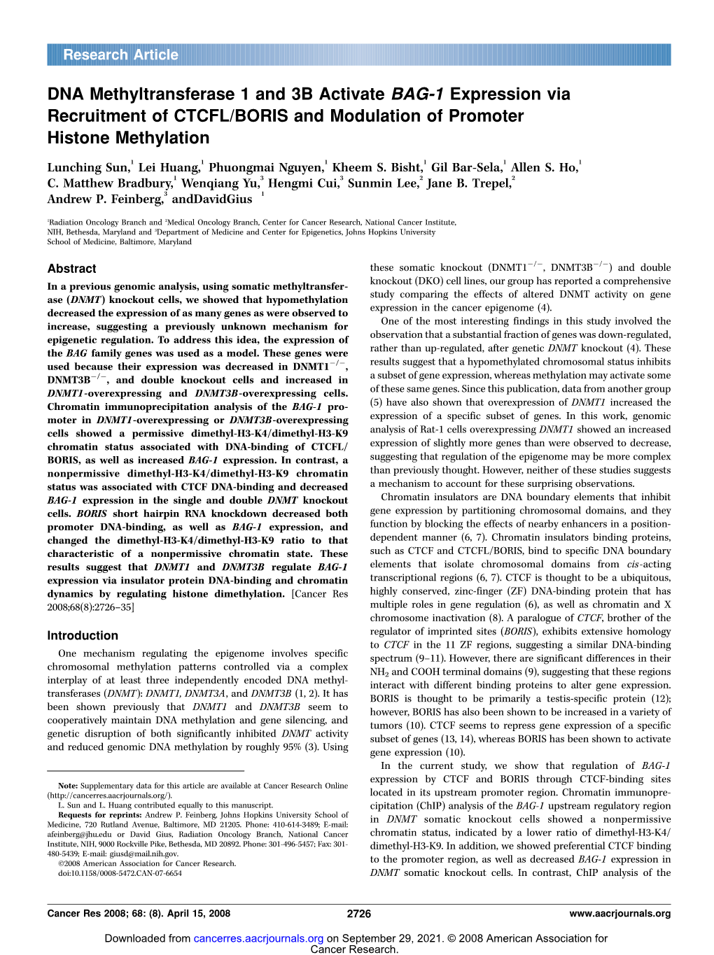 DNA Methyltransferase 1 and 3B Activate BAG-1 Expression Via Recruitment of CTCFL/BORIS and Modulation of Promoter Histone Methylation