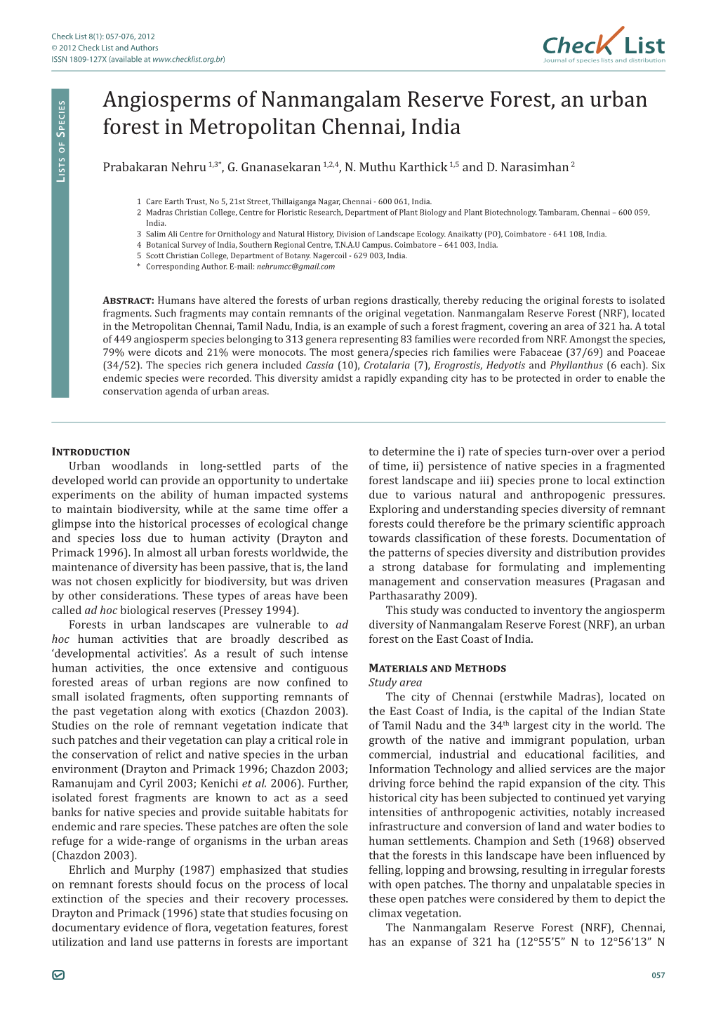 Check List 8(1): 057-076, 2012 © 2012 Check List and Authors Chec List ISSN 1809-127X (Available at Journal of Species Lists and Distribution