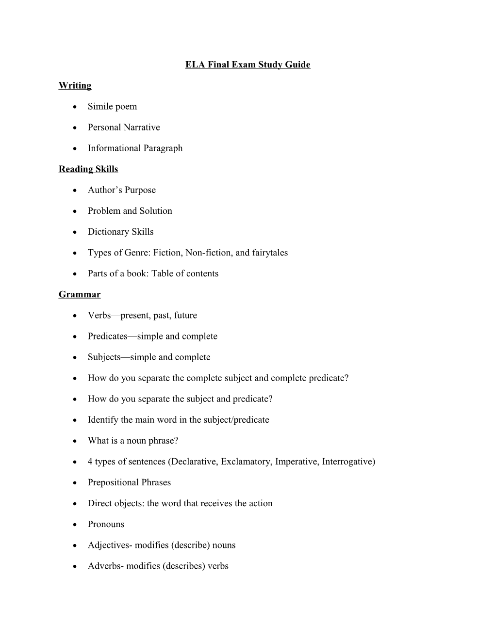 ELA Final Exam Study Guide