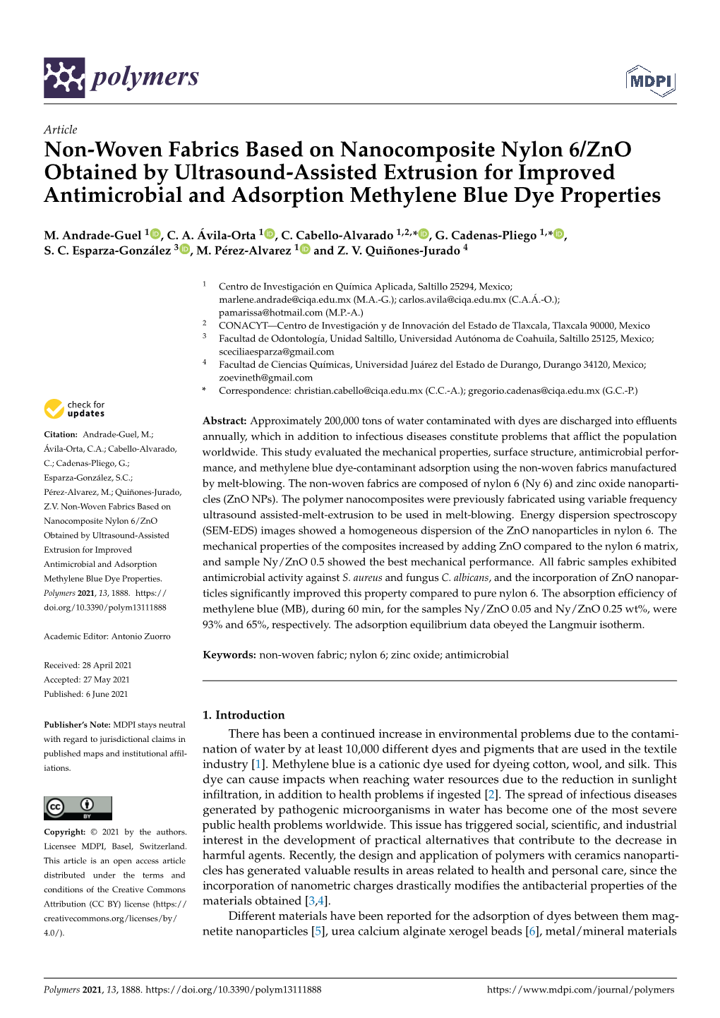 Non-Woven Fabrics Based on Nanocomposite Nylon 6/Zno Obtained by Ultrasound-Assisted Extrusion for Improved Antimicrobial and Adsorption Methylene Blue Dye Properties