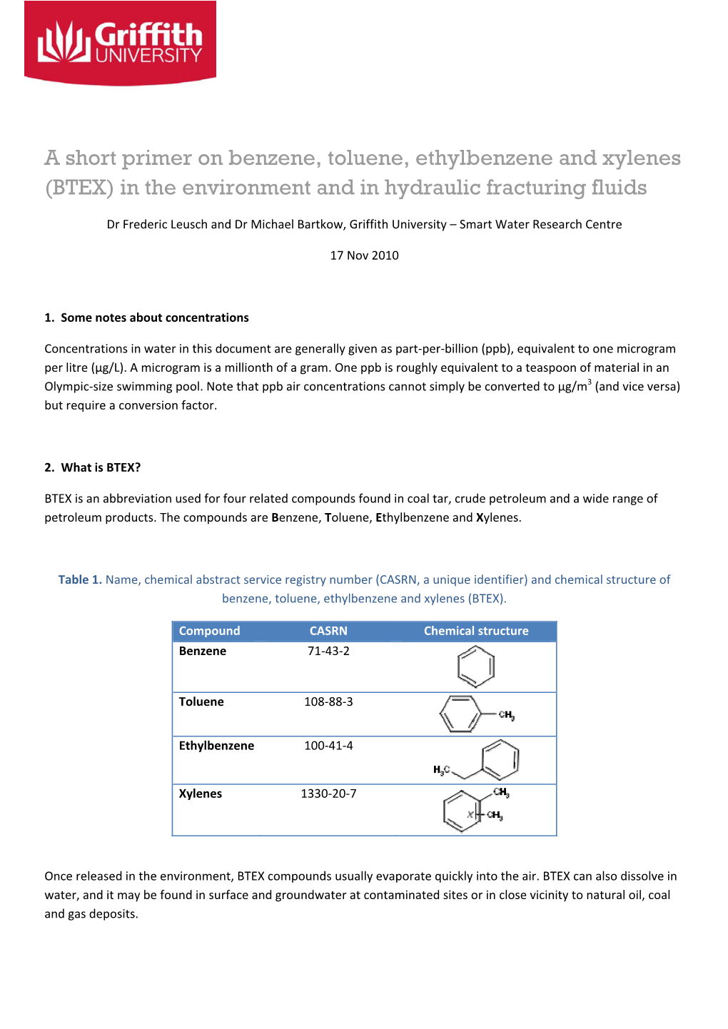 A Short Primer on Benzene, Toluene, Ethylbenzene and Xylenes (BTEX)