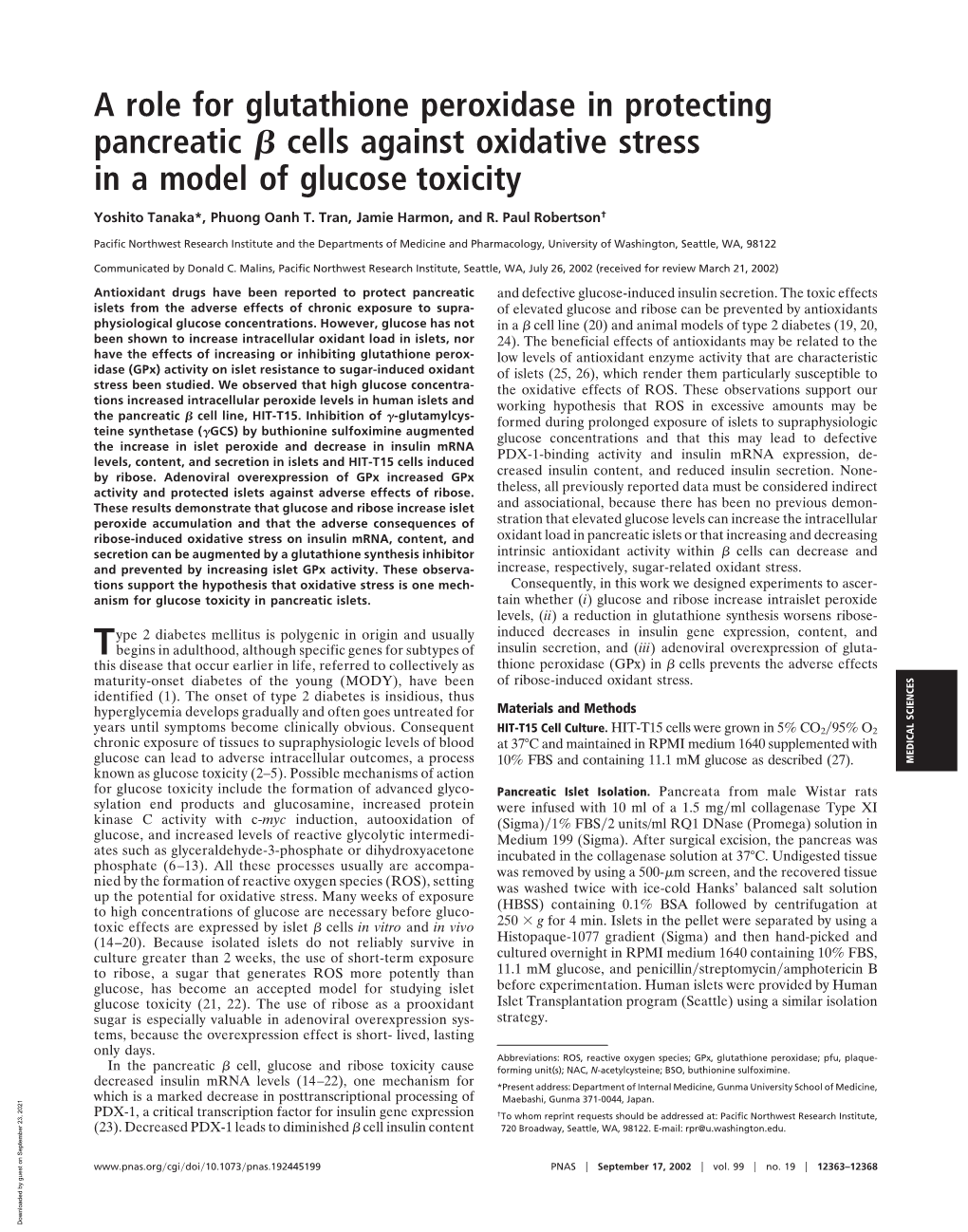 A Role for Glutathione Peroxidase in Protecting Pancreatic Cells Against Oxidative Stress in a Model of Glucose Toxicity