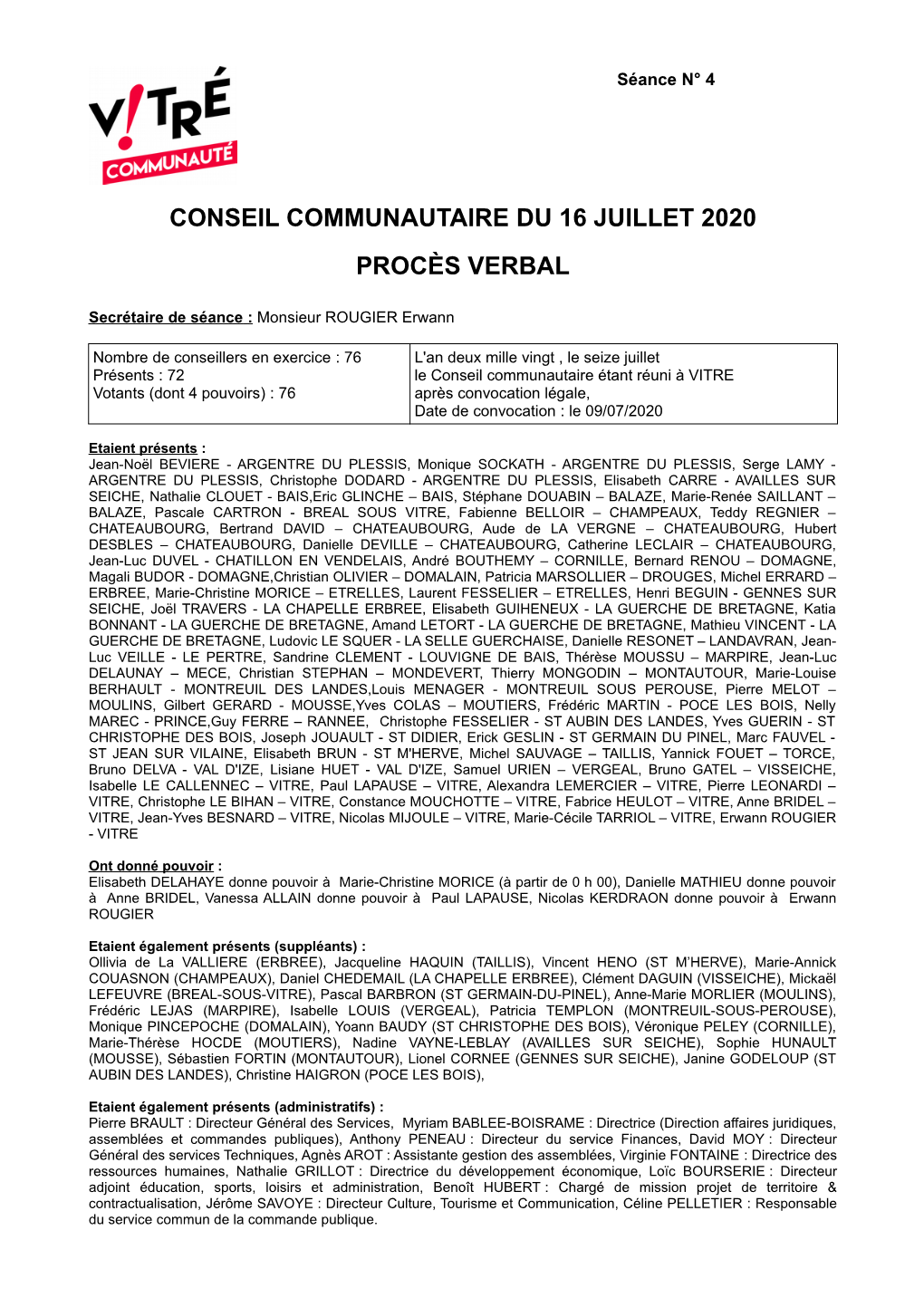 Conseil Communautaire Du 16 Juillet 2020 Procès Verbal