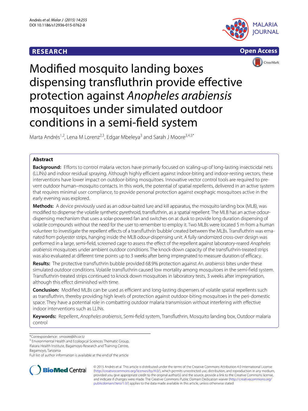 Modified Mosquito Landing Boxes Dispensing Transfluthrin Provide