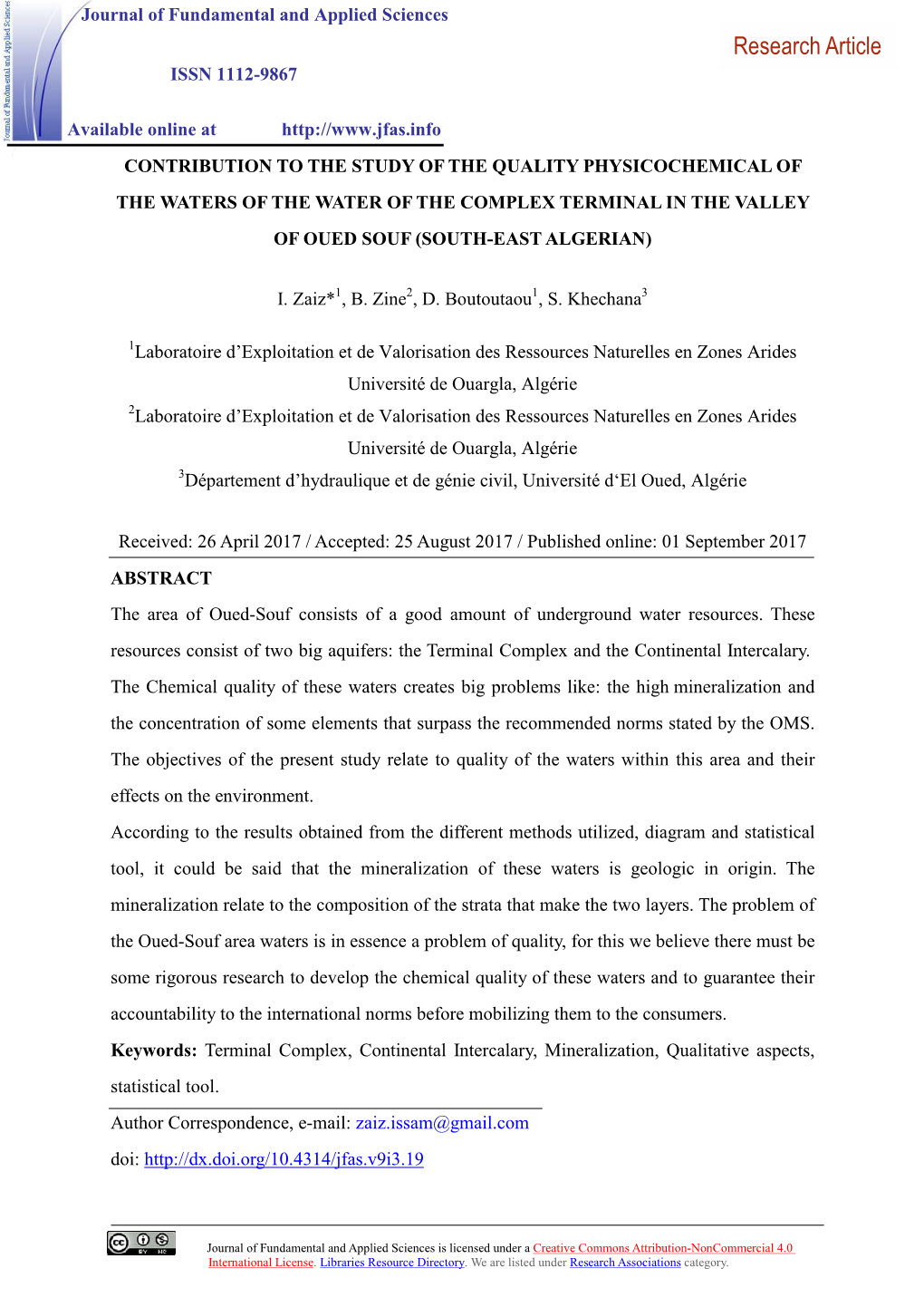 Contribution to the Study of the Quality Physicochemical of the Waters of the Water of the Complex Terminal in the Valley of Oued Souf (South-East Algerian)