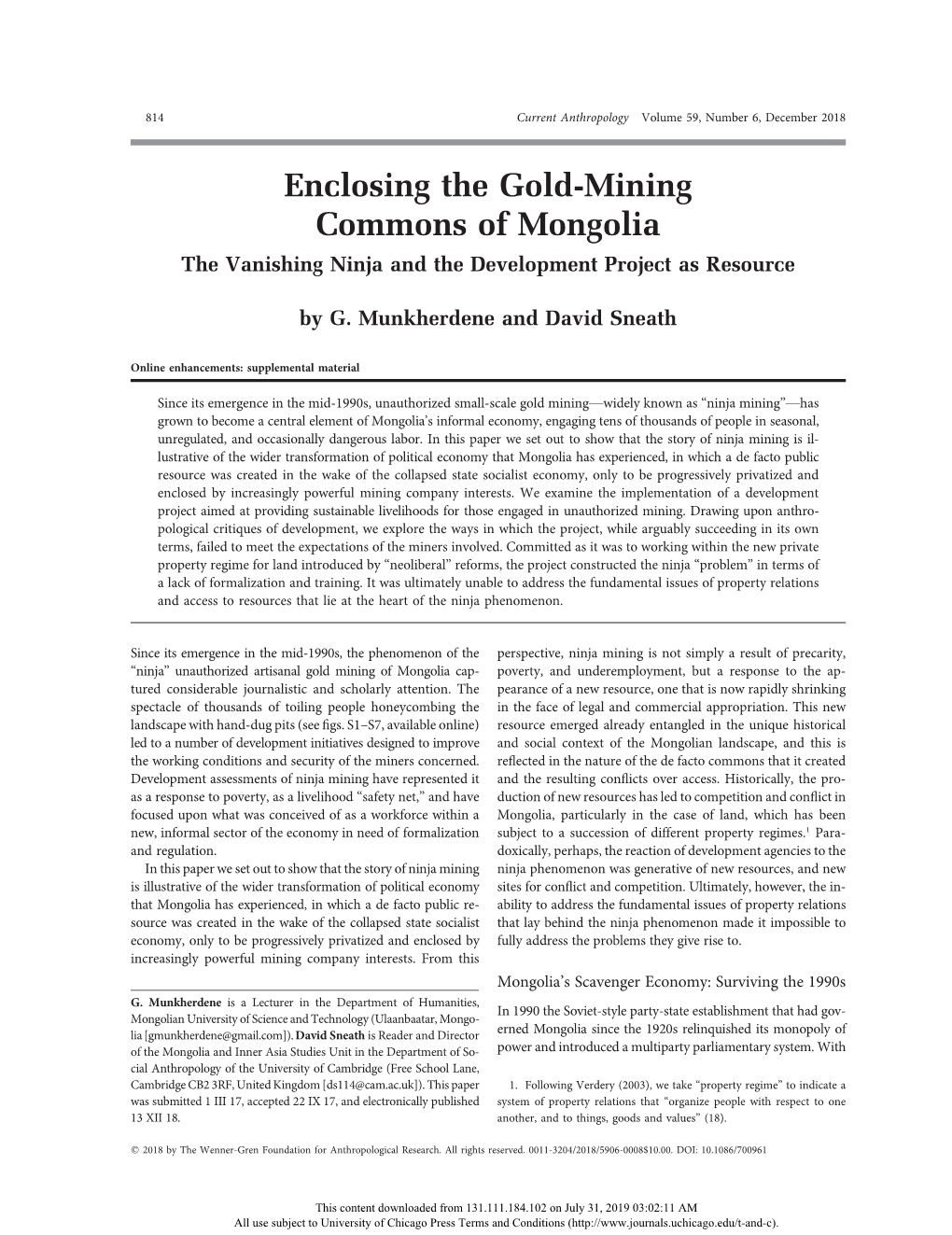 Enclosing the Gold-Mining Commons of Mongolia: the Vanishing Ninja and the Development Project As Resource