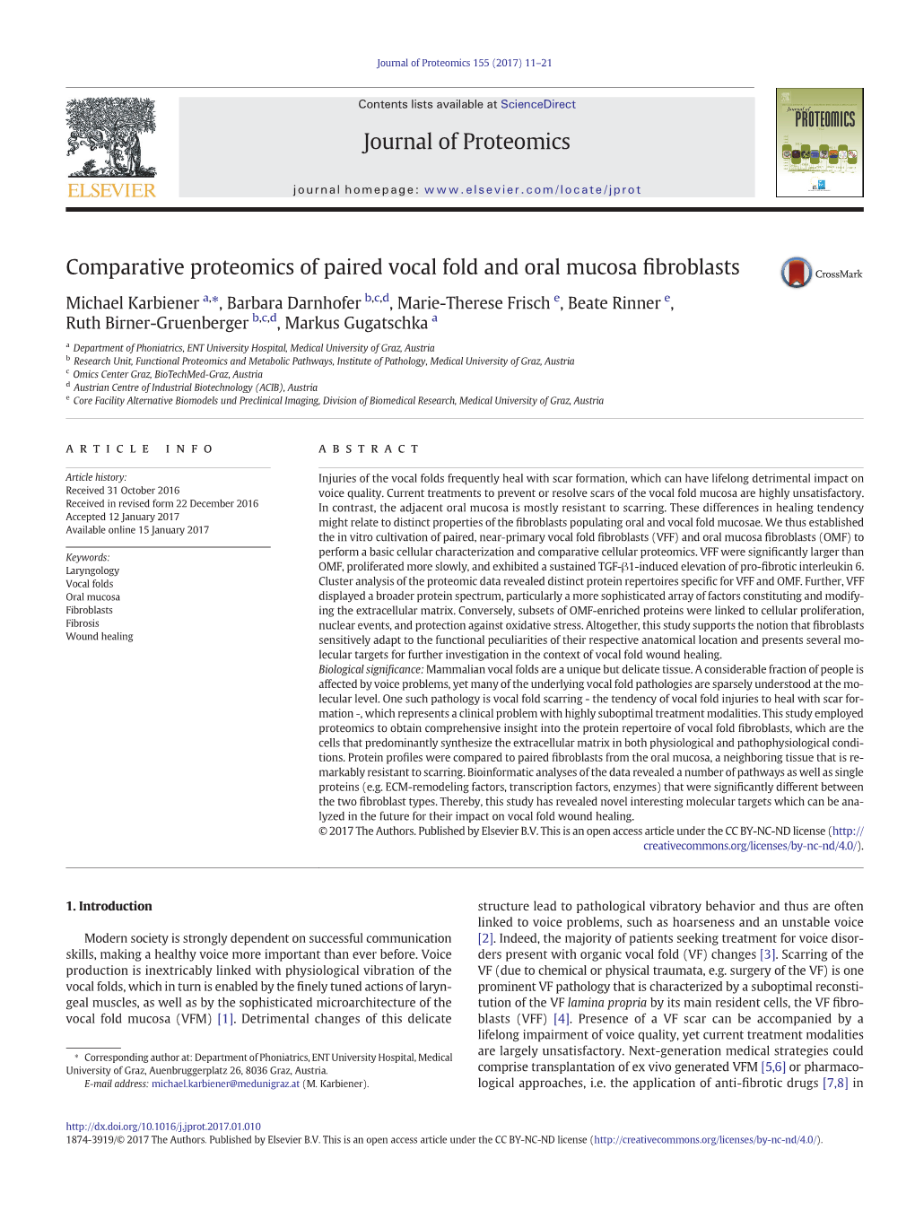 Comparative Proteomics of Paired Vocal Fold and Oral Mucosa Fibroblasts