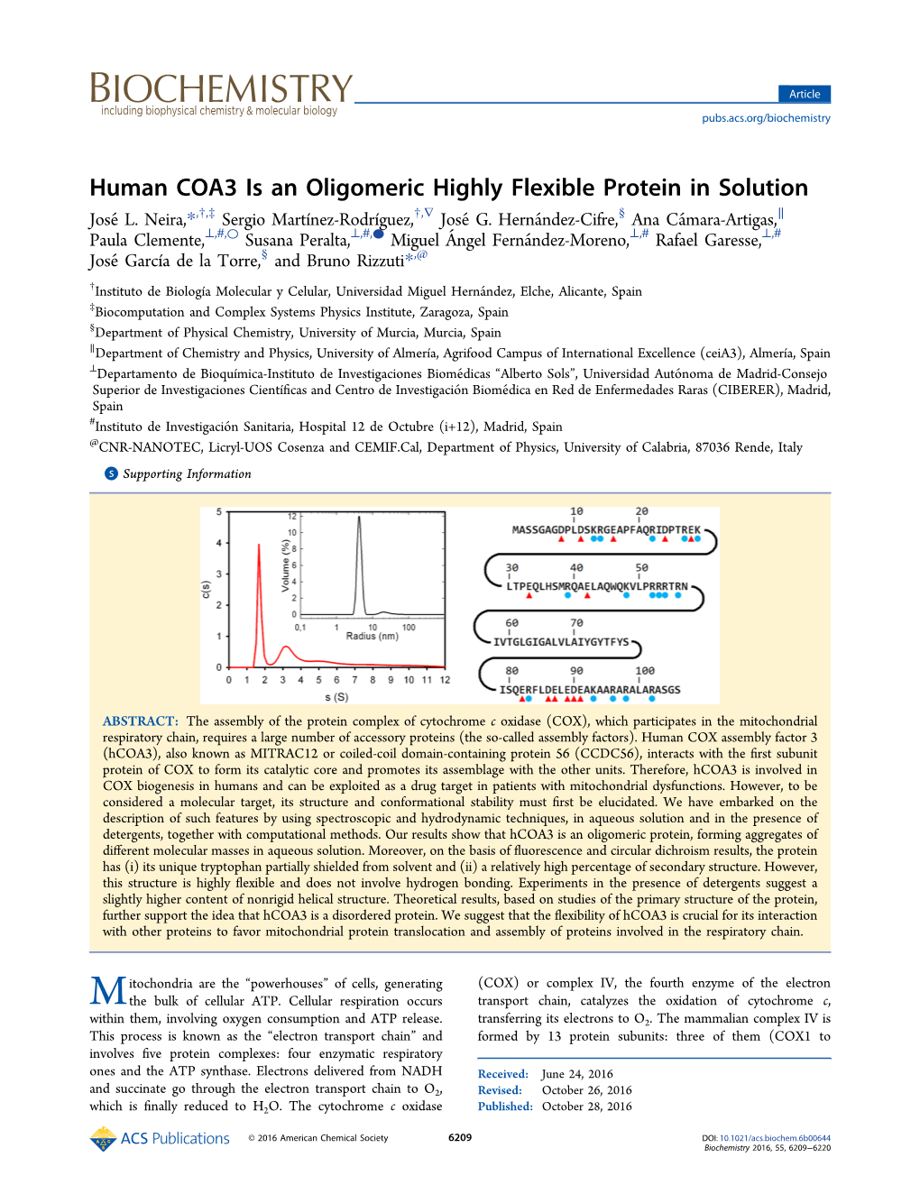 Human COA3 Is an Oligomeric Highly Flexible Protein in Solution † ‡ † ∇ § ∥ Josél