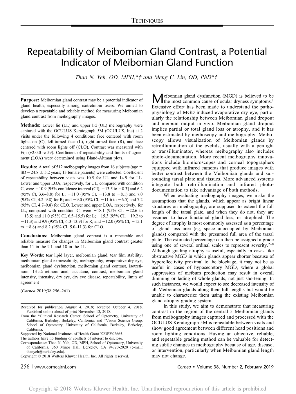 Repeatability of Meibomian Gland Contrast, a Potential Indicator of Meibomian Gland Function