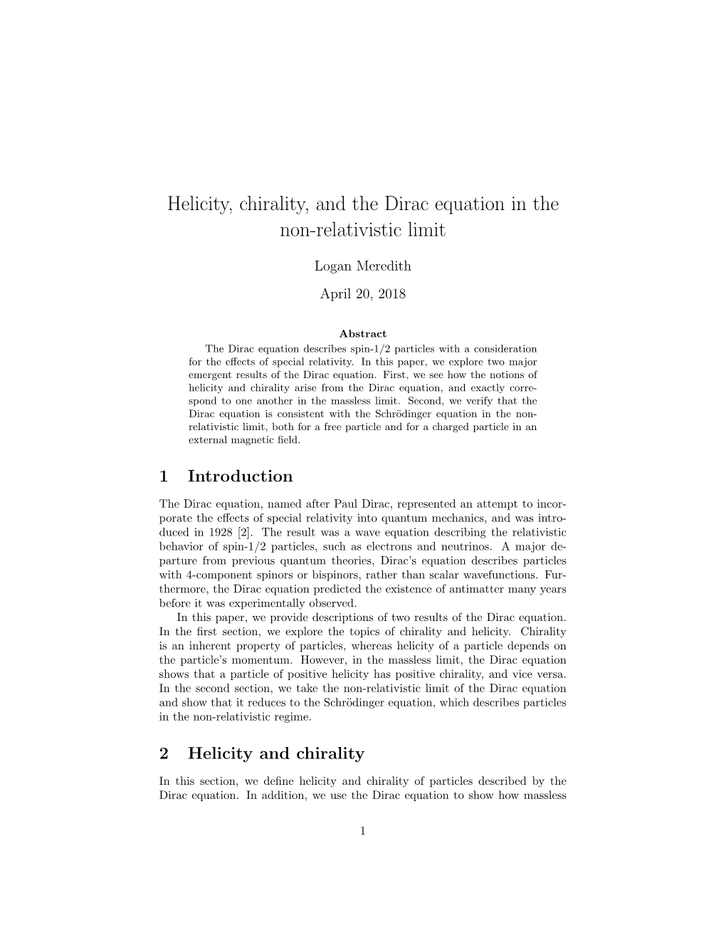 Helicity, Chirality, and the Dirac Equation in the Non-Relativistic Limit