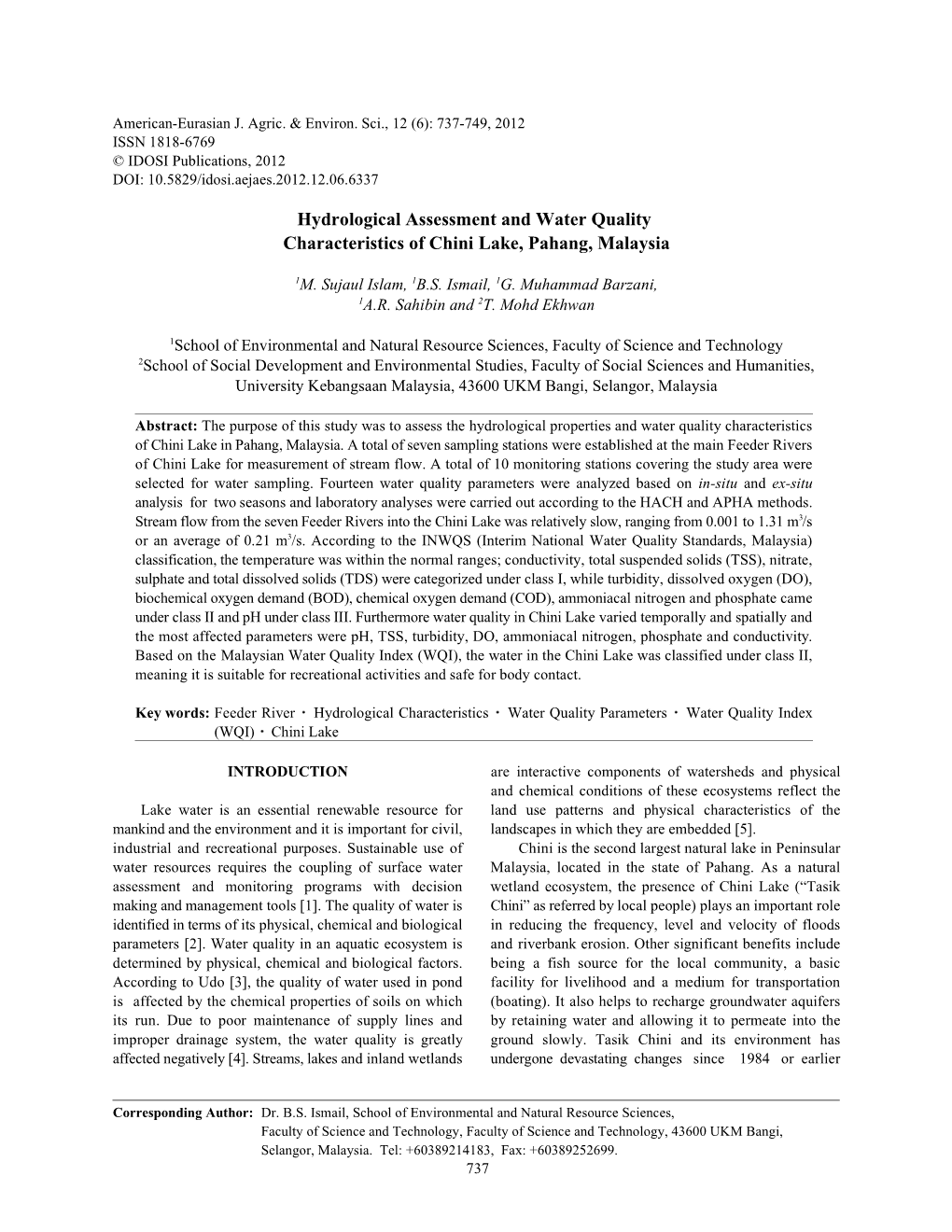 Hydrological Assessment and Water Quality Characteristics of Chini Lake, Pahang, Malaysia