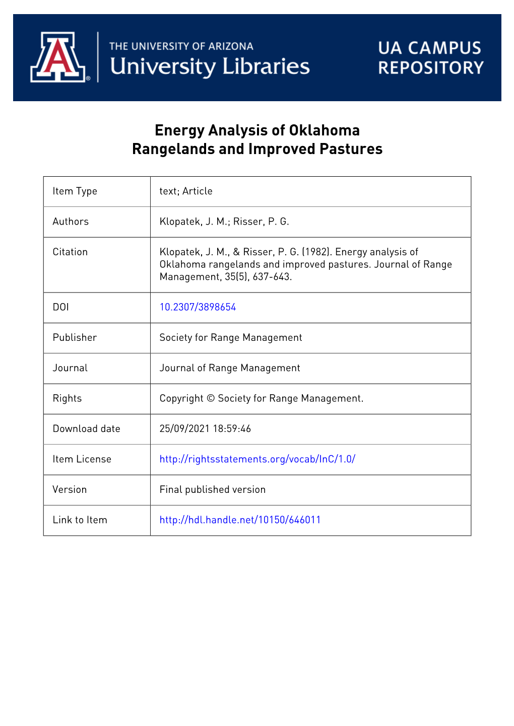 Energy Analysis of Oklahoma Rangelands and Improved Pastures
