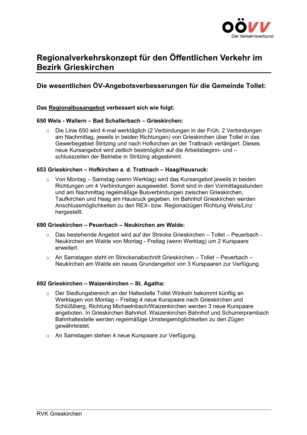 Regionalverkehrskonzept Für Den Öffentlichen Verkehr Im Bezirk Grieskirchen