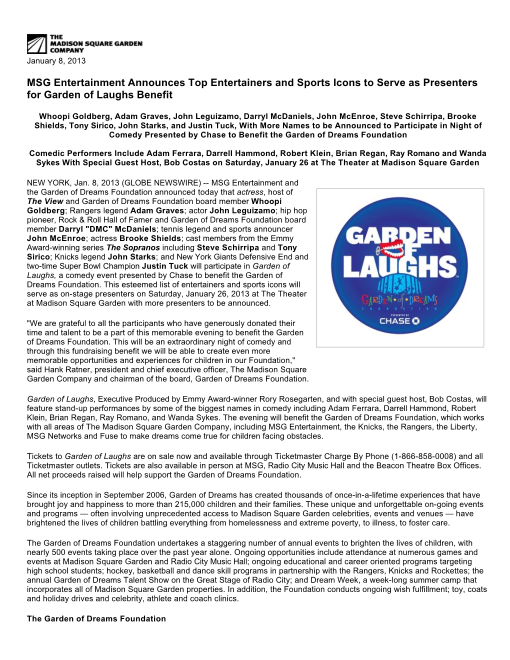 MSG Entertainment Announces Top Entertainers and Sports Icons to Serve As Presenters for Garden of Laughs Benefit