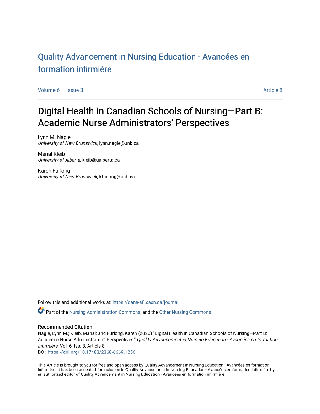 Digital Health in Canadian Schools of Nursing—Part B: Academic Nurse Administrators’ Perspectives