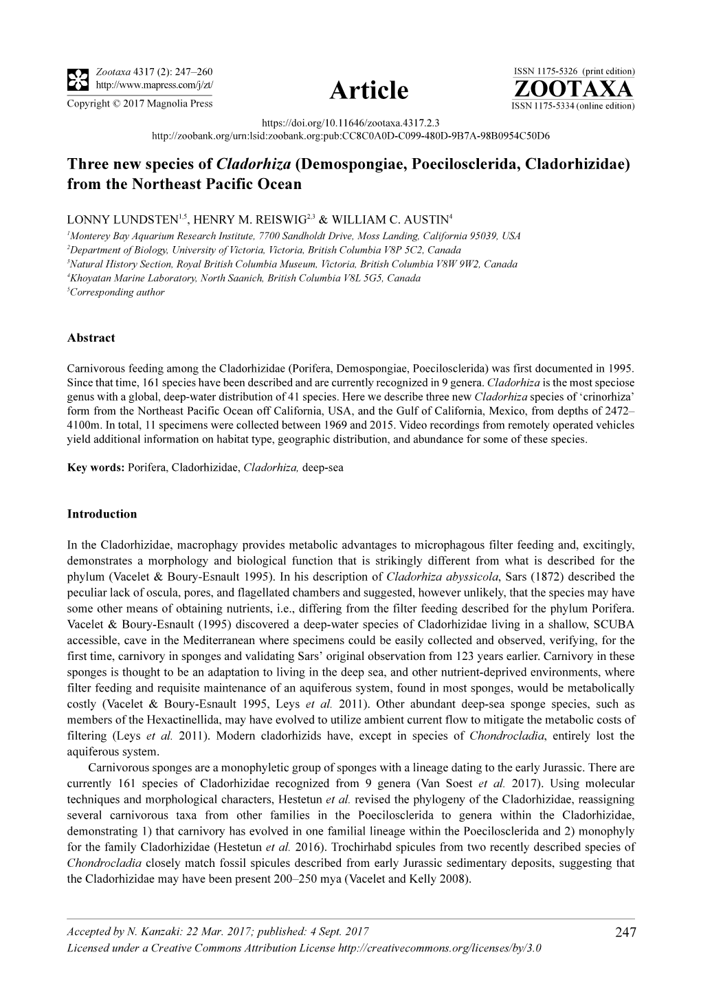 Three New Species of Cladorhiza (Demospongiae, Poecilosclerida, Cladorhizidae) from the Northeast Pacific Ocean