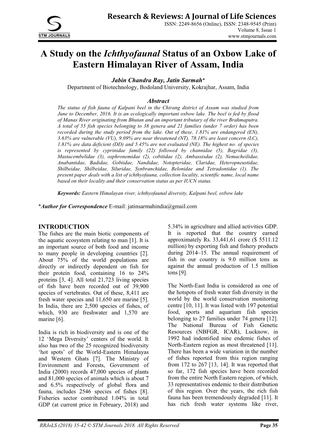 A Study on the Ichthyofaunal Status of an Oxbow Lake of Eastern Himalayan River of Assam, India