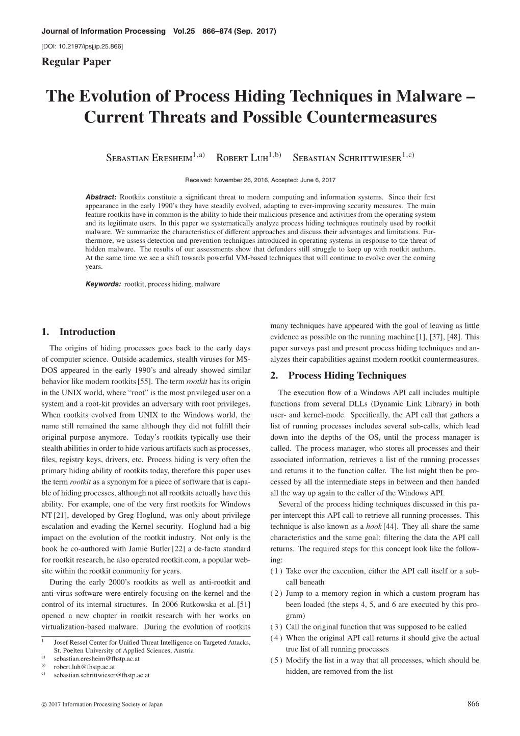 The Evolution of Process Hiding Techniques in Malware – Current Threats and Possible Countermeasures