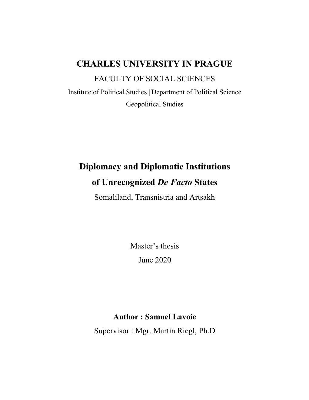 CHARLES UNIVERSITY in PRAGUE Diplomacy and Diplomatic