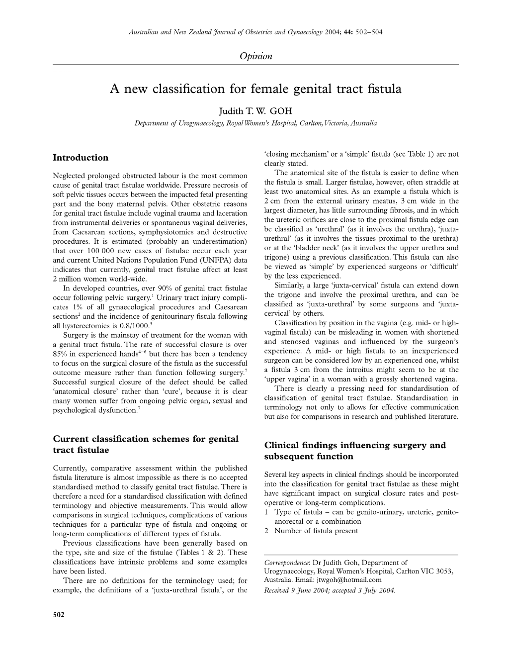 A New Classification for Female Genital Tract Fistula