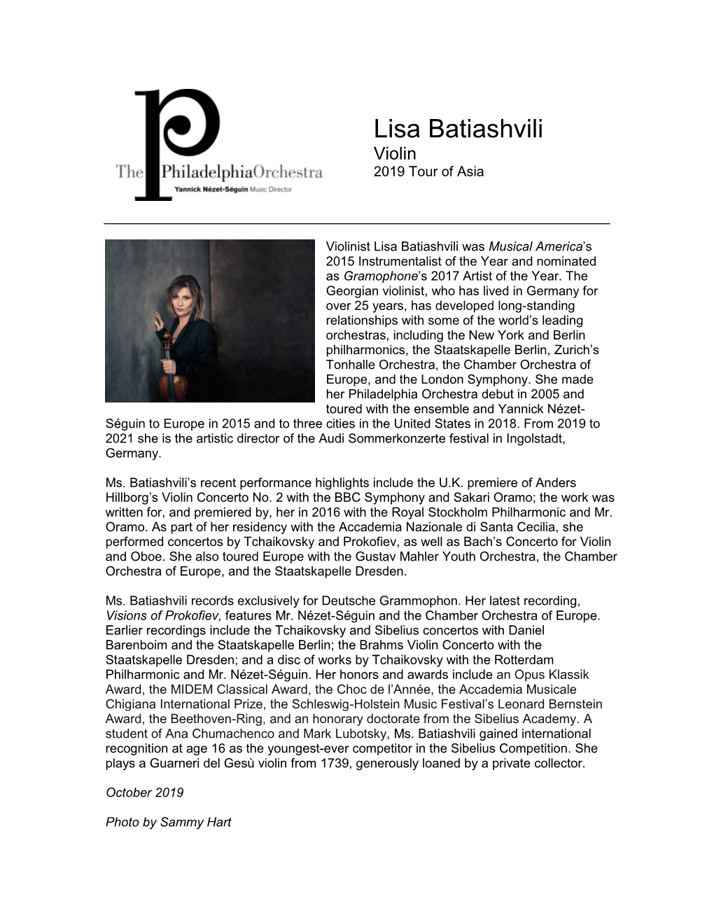 Lisa Batiashvili Violin 2019 Tour of Asia