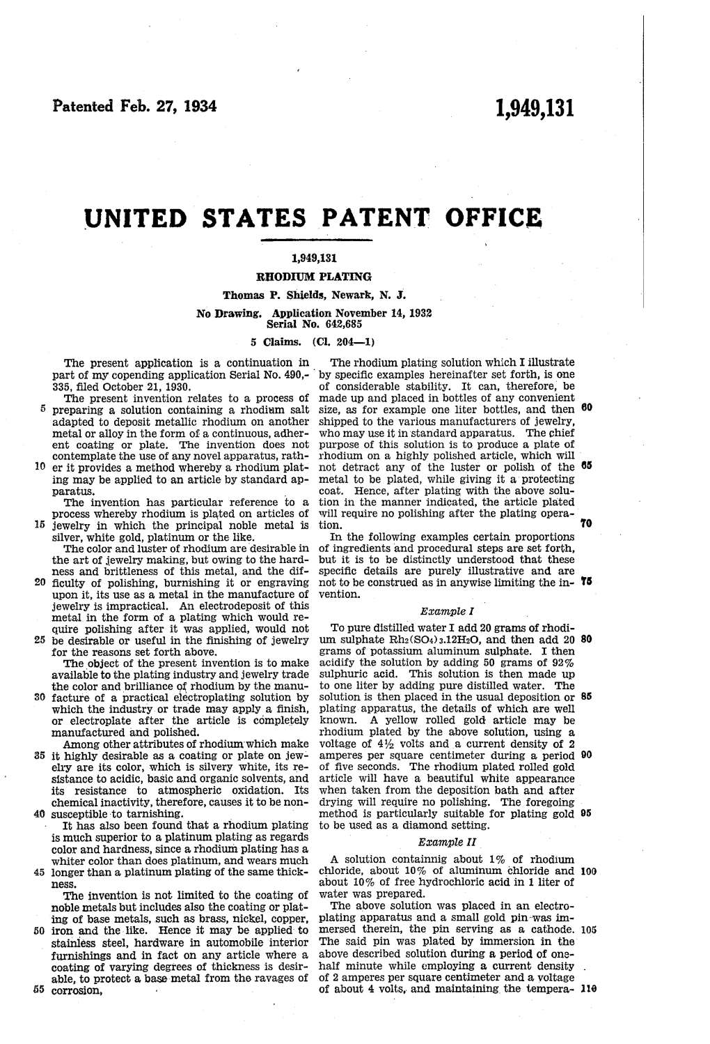 PATENT OFFICE Y 1949,31 RODUMI PLATING Thomas P