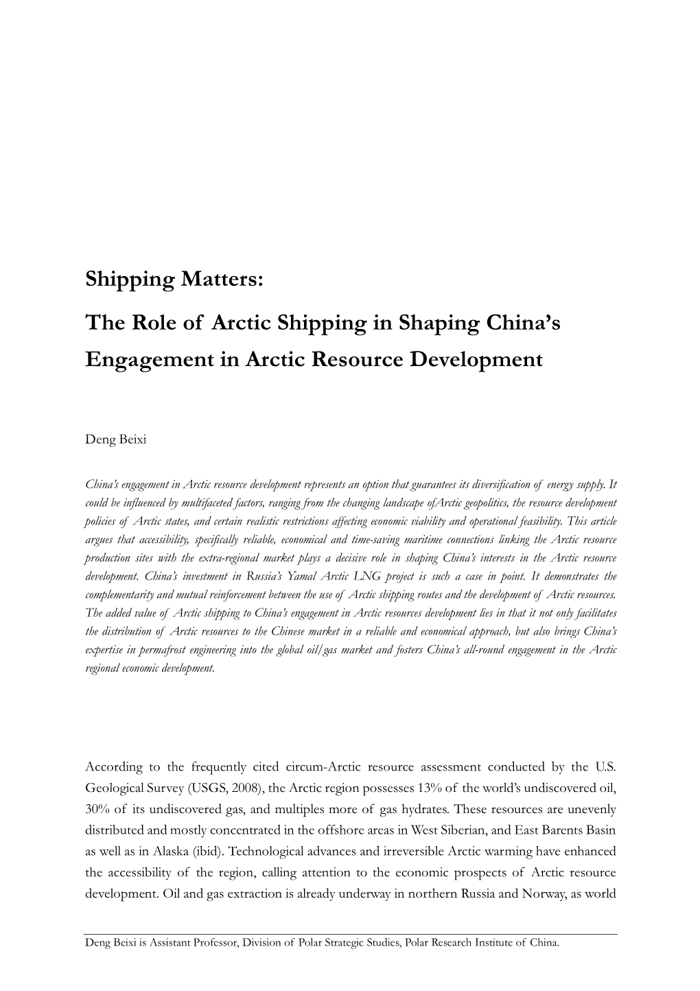 The Role of Arctic Shipping in Shaping China's Engagement In