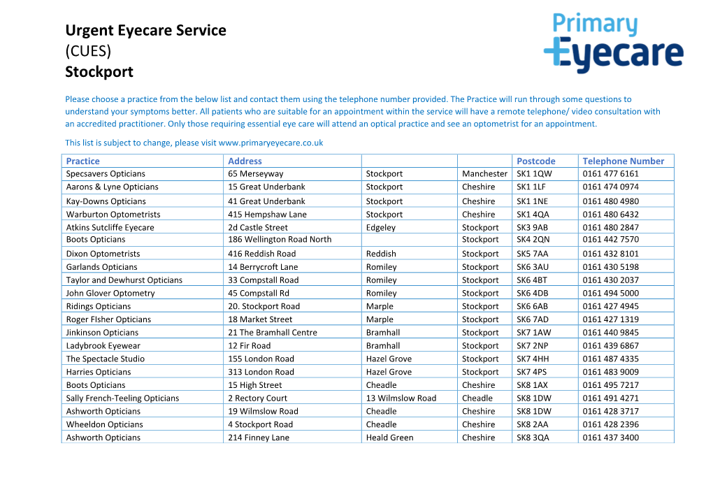 Urgent Eyecare Service (CUES) Stockport