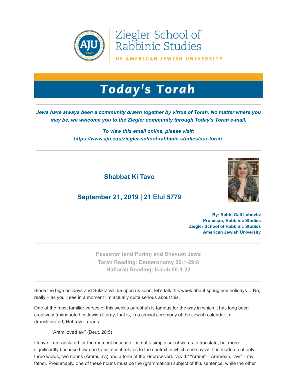 Shabbat Ki Tavo September 21, 2019 | 21 Elul 5779