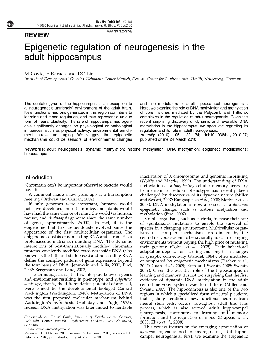 Epigenetic Regulation of Neurogenesis in the Adult Hippocampus