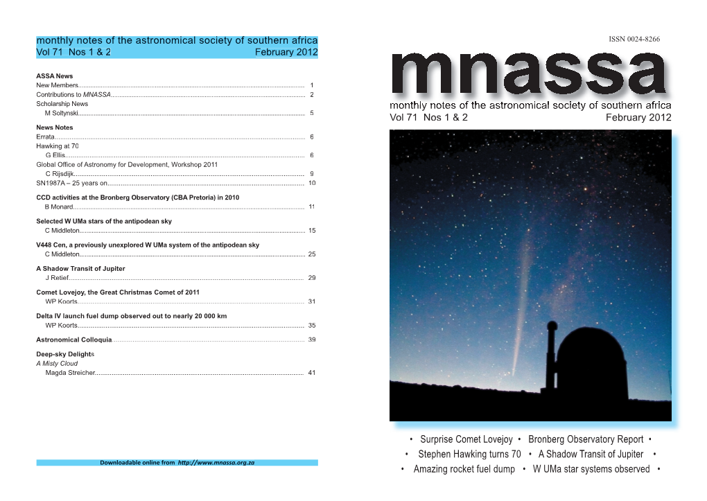 Monthly Notes of the Astronomical Society of Southern Africa ISSN 0024-8266 Vol 71 Nos 1 & 2 February 2012