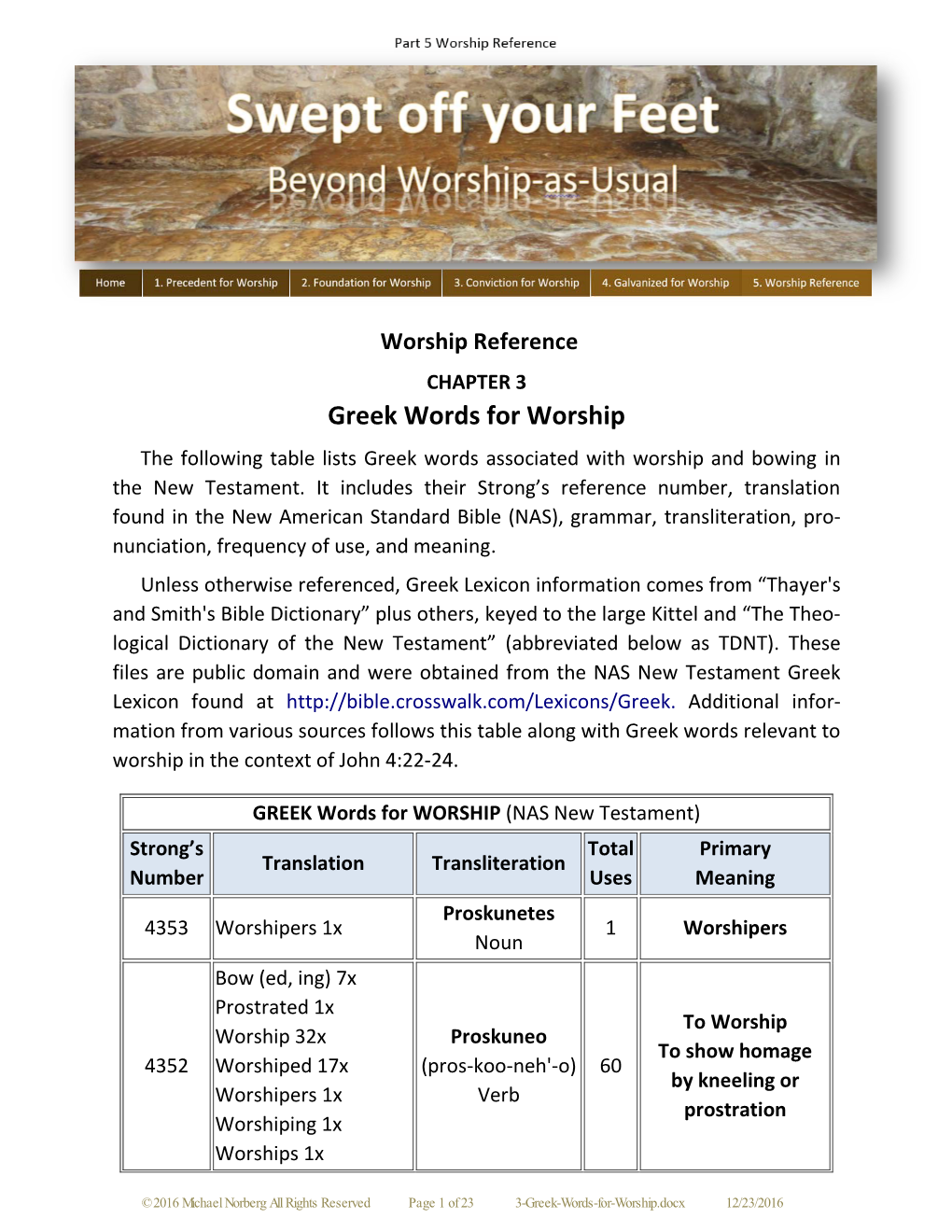 CHAPTER 3 Greek Words for Worship the Following Table Lists Greek Words Associated with Worship and Bowing in the New Testament