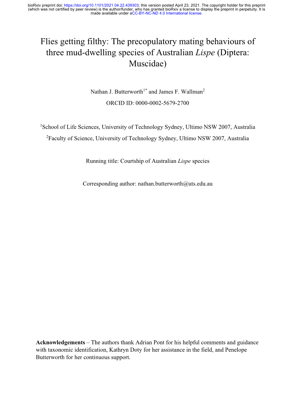 Flies Getting Filthy: the Precopulatory Mating Behaviours of Three Mud-Dwelling Species of Australian Lispe (Diptera: Muscidae)