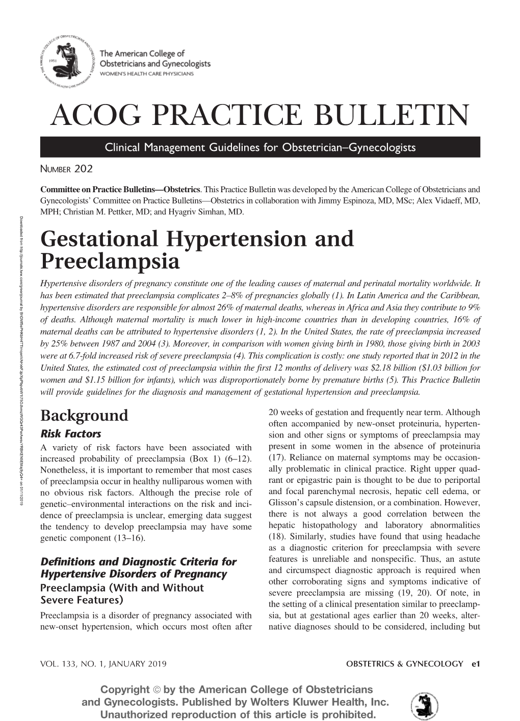 ACOG PRACTICE BULLETIN UMBER the Tendency Togenetic Develop Component Preeclampsia (13 May Have Some No Obvious Riskgenetic Factors