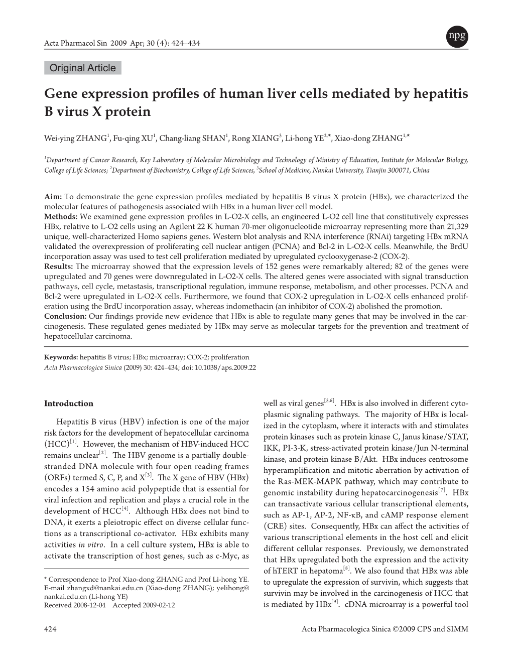 Gene Expression Profiles of Human Liver Cells Mediated by Hepatitis B Virus X Protein
