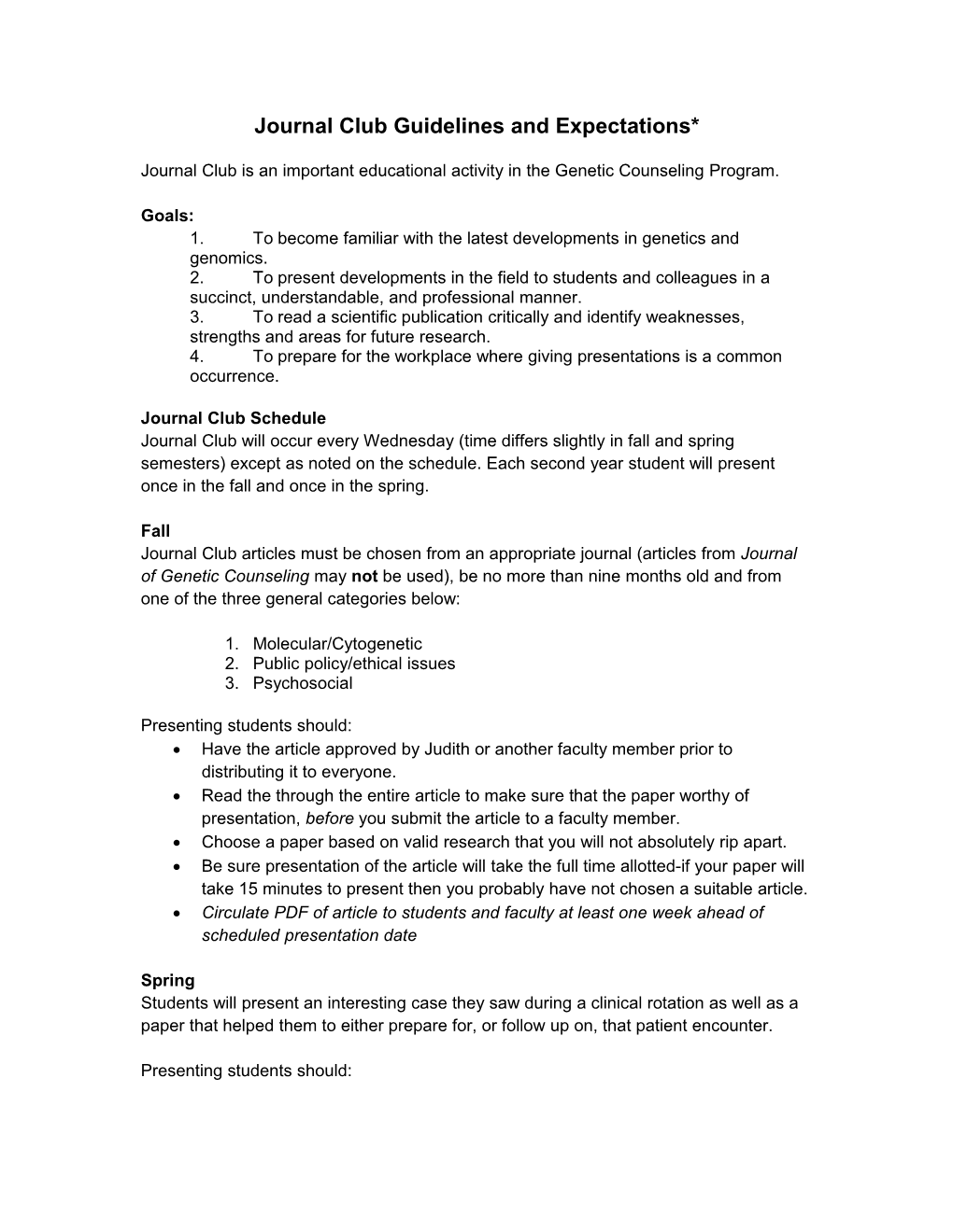 Journal Club Guidelines and Expectations*