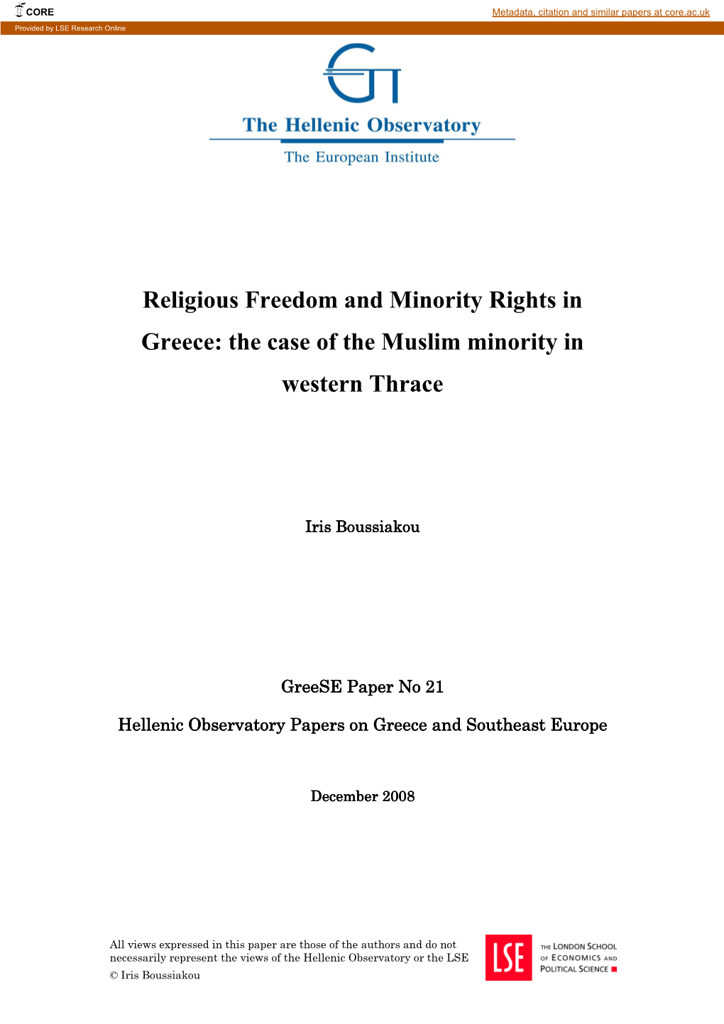 Religious Freedom and Minority Rights in Greece: the Case of the Muslim Minority in Western Thrace