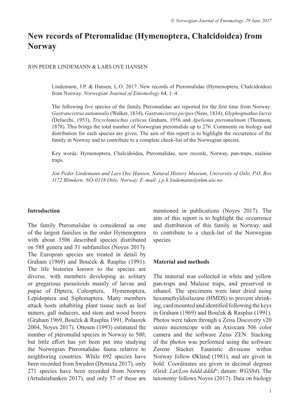 New Records of Pteromalidae (Hymenoptera, Chalcidoidea) from Norway