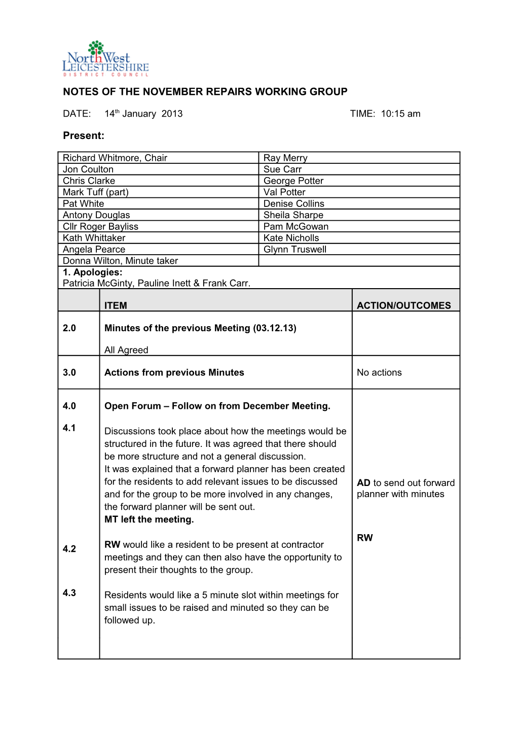 Notes of the November Repairs Working Group