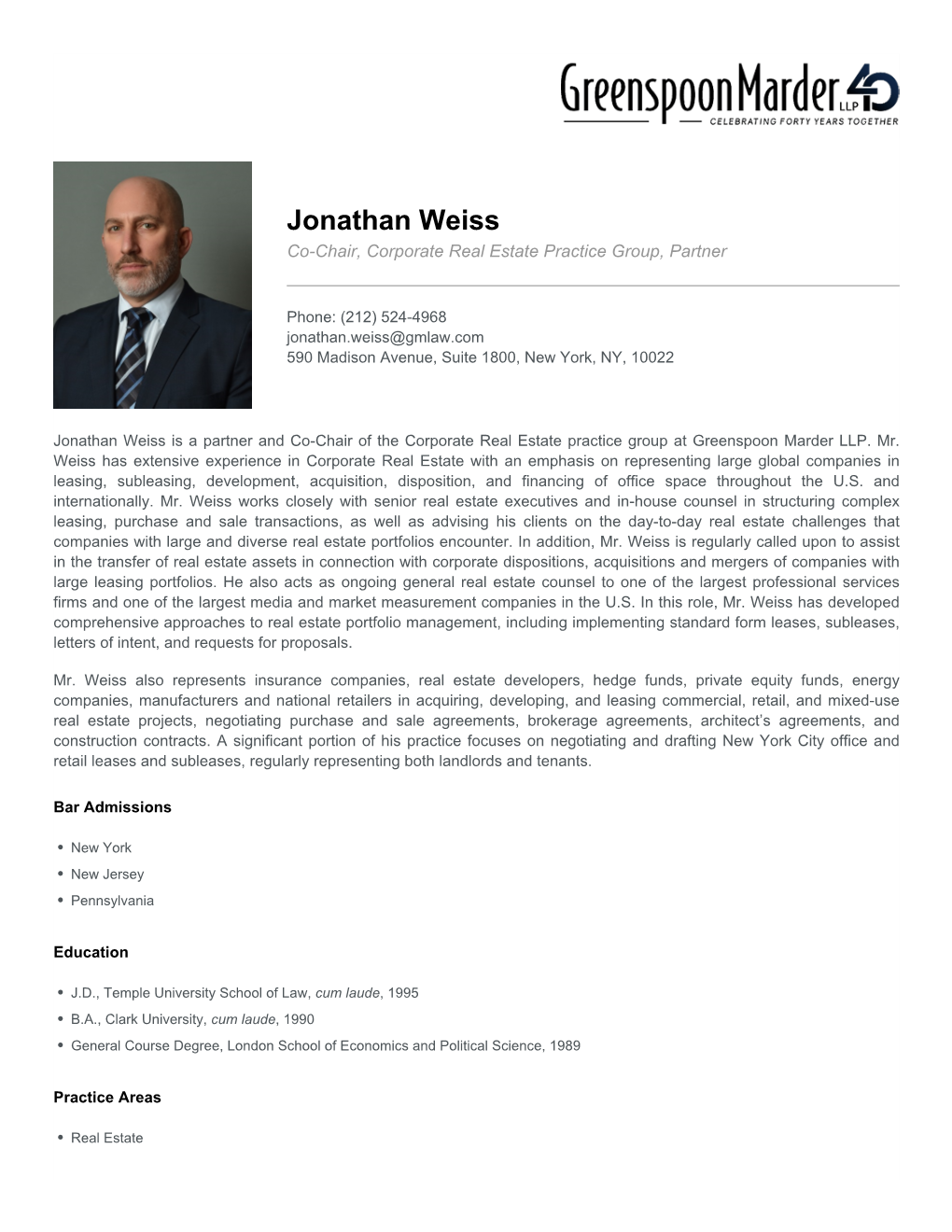 Jonathan Weiss Co-Chair, Corporate Real Estate Practice Group, Partner