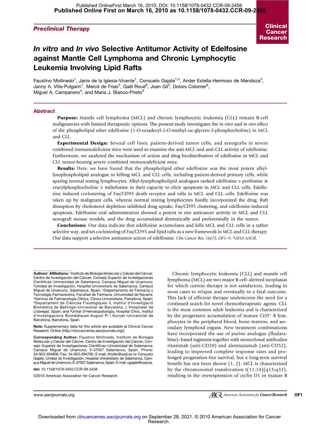 In Vitro and in Vivo Selective Antitumor Activity of Edelfosine Against Mantle Cell Lymphoma and Chronic Lymphocytic Leukemia Involving Lipid Rafts