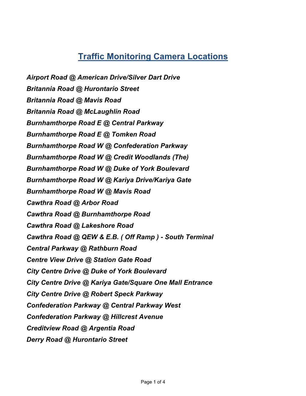 Traffic Monitoring Camera List