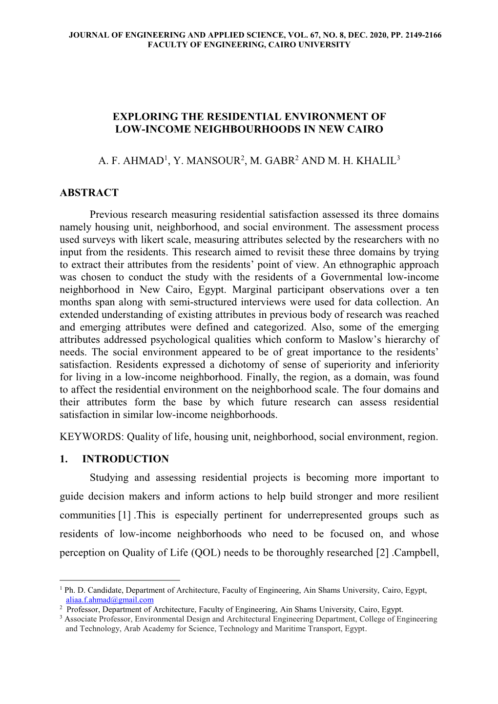 Exploring the Residential Environment of Low-Income Neighbourhoods in New Cairo