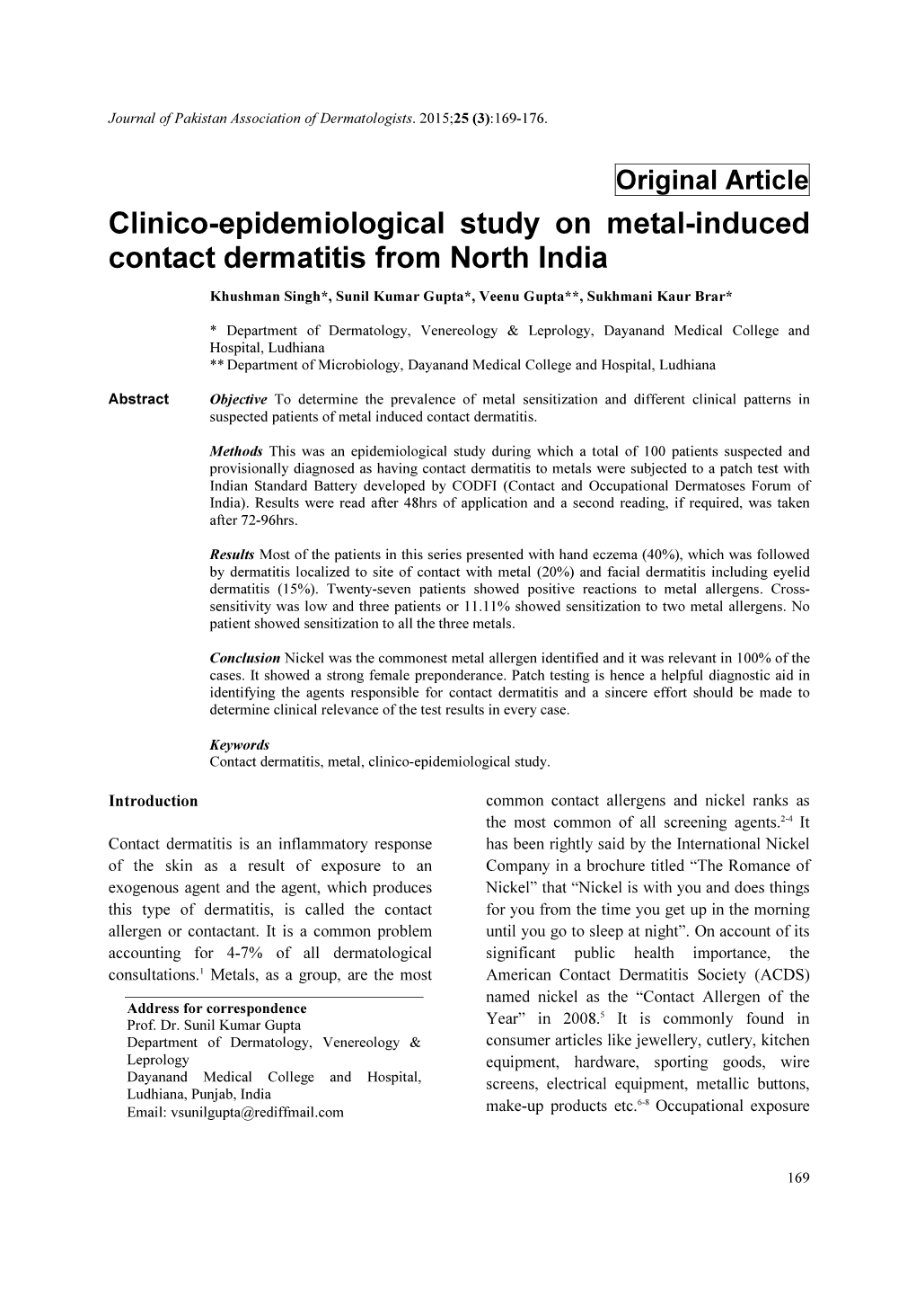 Clinico-Epidemiological Study on Metal-Induced Contact Dermatitis from North India